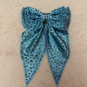 NEW Handcrafted Blue Satin Rhinestone Hair Bow 5” x 8”AB Crystal Bling Barrette